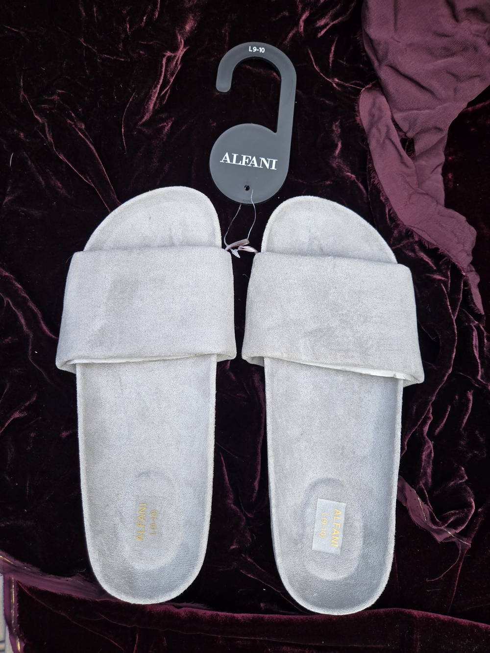 Alfani Gray Plush Slide Slippers Size L 9-10 Cozy Velour Indoor Slides